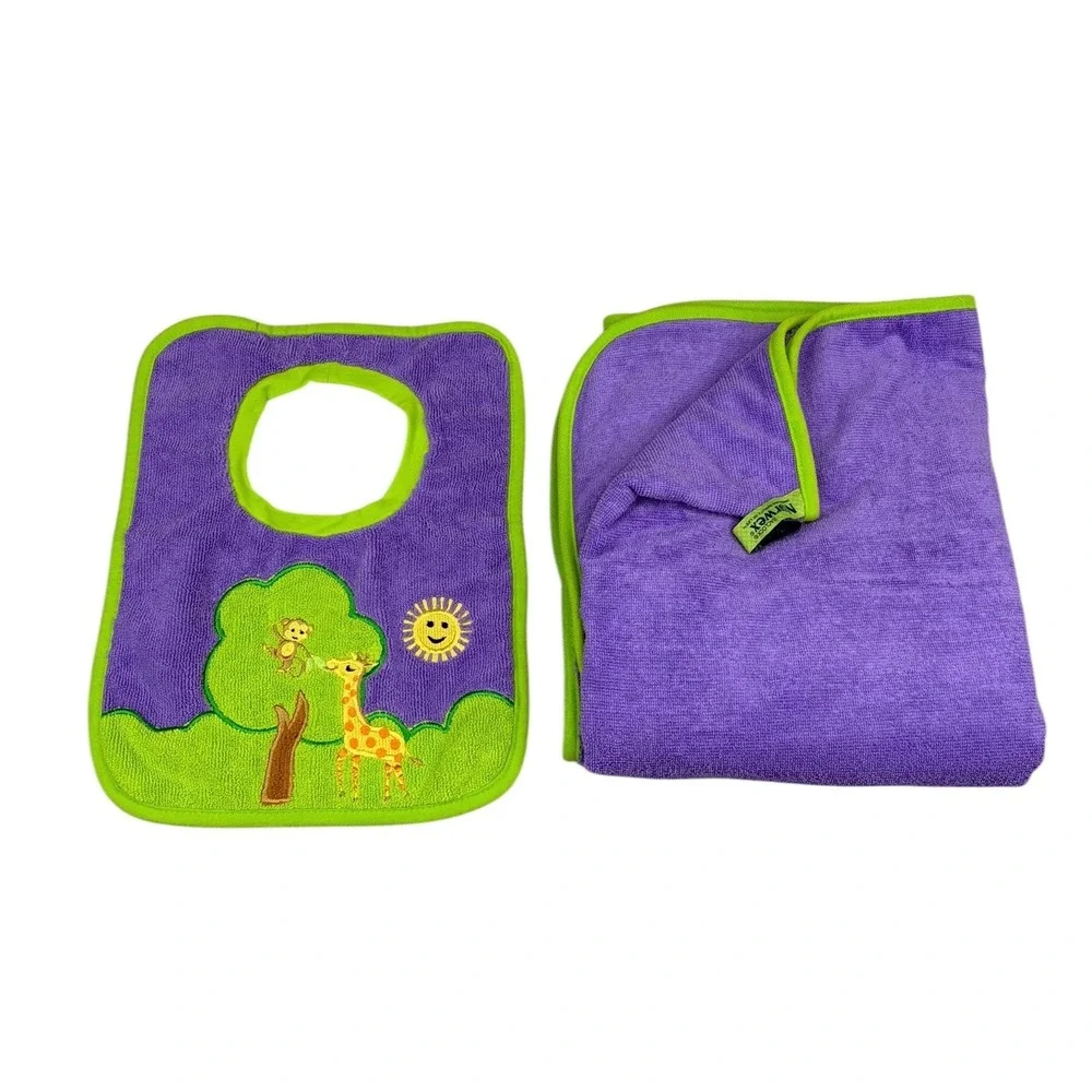 Norwex Baby Bib Towel Set Purple Lime Green‎ BacLock Microfiber Jungle Giraffe